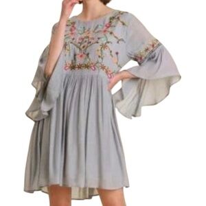 Umgee Boho Bliss Fairycore Embroidered Bell Sleeve Flowy Dress Gray Sz M